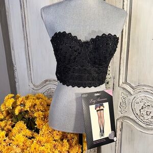 Windsor Elegant Black Lace and Beaded Bustier and Leg Avenue Fishnet Thigh Highs
